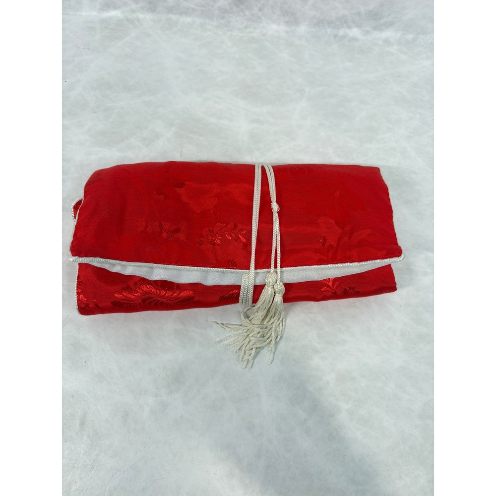 Vintage Red Floral Brocade Satin Jewelry Roll Travel Organizer Case Tassel Tie